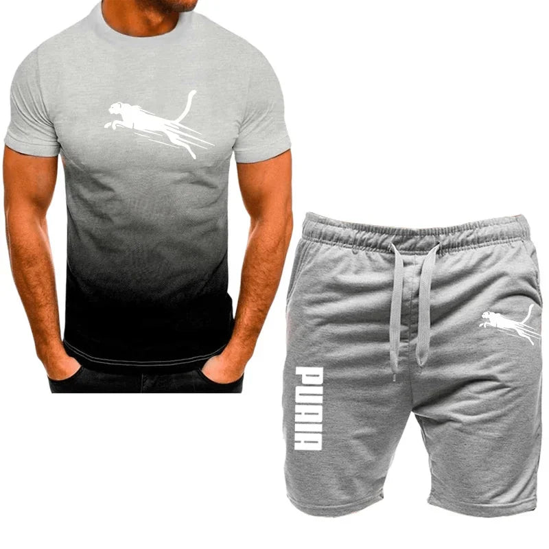 Men's sports set, casual T-shirt set and running shorts, breathable, 2 pieces