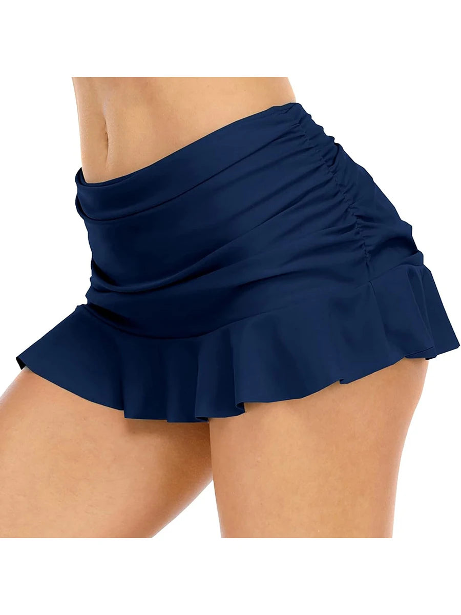 High Waisted Swimsuit Skirts with Flounce Hem and Ruched Detail Solid Color Mini Skirt Bikini Bottoms for Beachwear