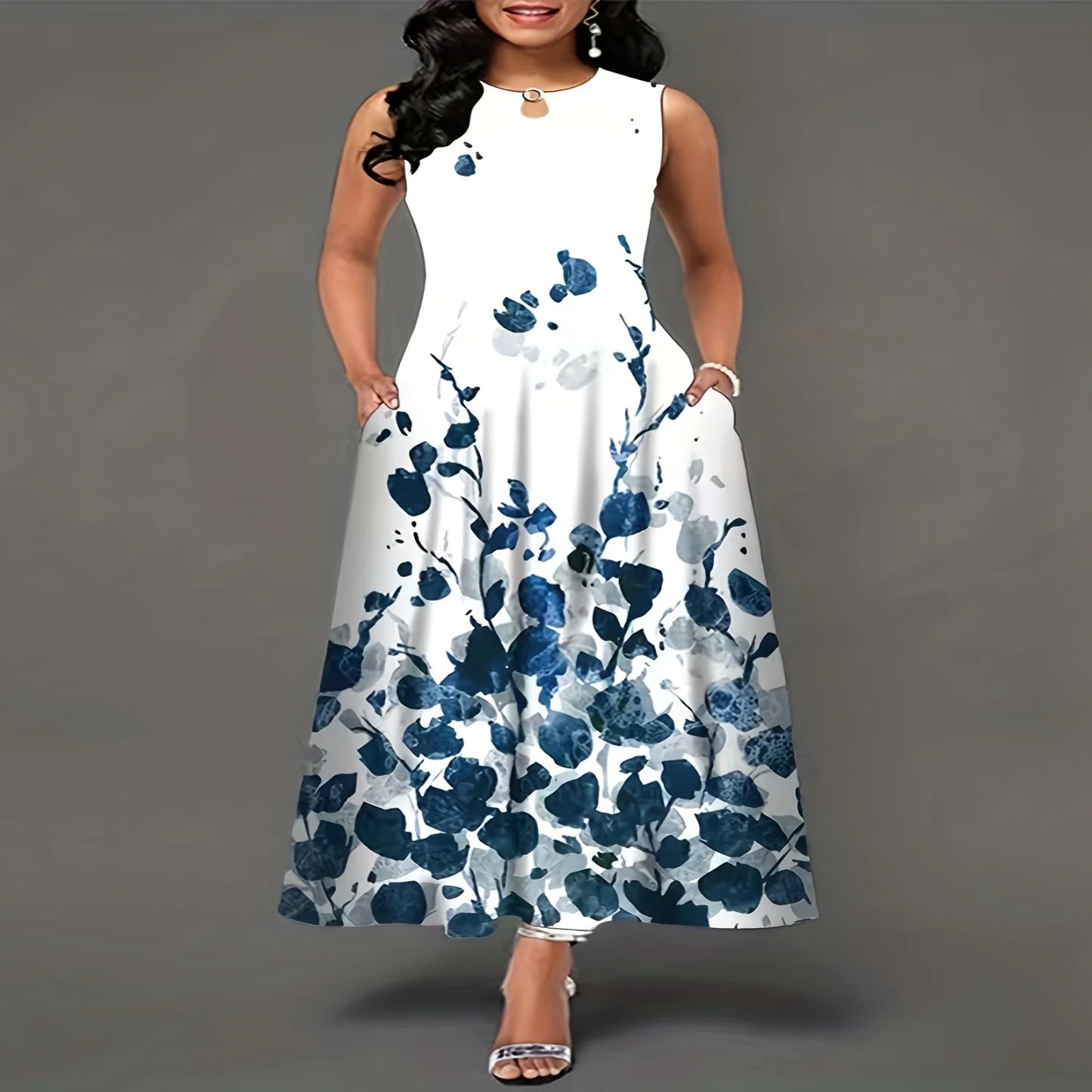 Flirty Floral Print Maxi Dress - Bohemian Chic, Sleeveless Crew Neck with Keyhole - Pockets for Women - Perfect Casual Summer Dr