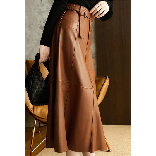 Vintage Brown High Waist A-Line  Leather Skirt with Belts