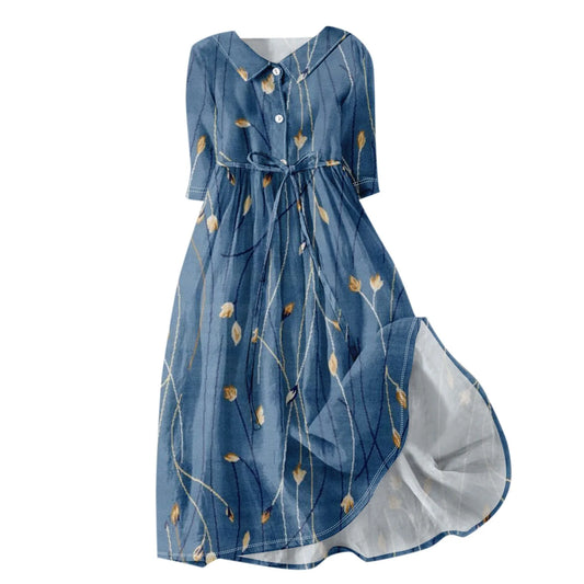Floral Elegant  Lapel Button Evening Party Dresses Three Quarter Sleeves Formal Wear Mid-Calf  Summer Dress