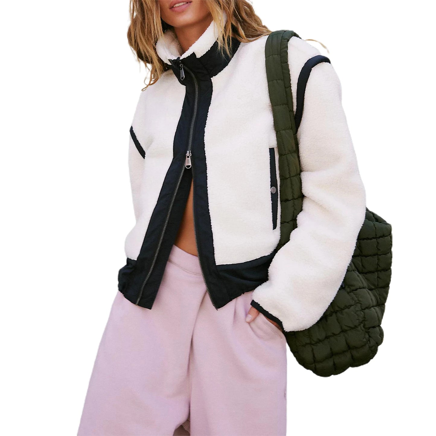 Quilted Puffer Jacket with Hood Long Sleeve Winter Warm Zip Up Coat Stand Collar Outdoor Parka Coat