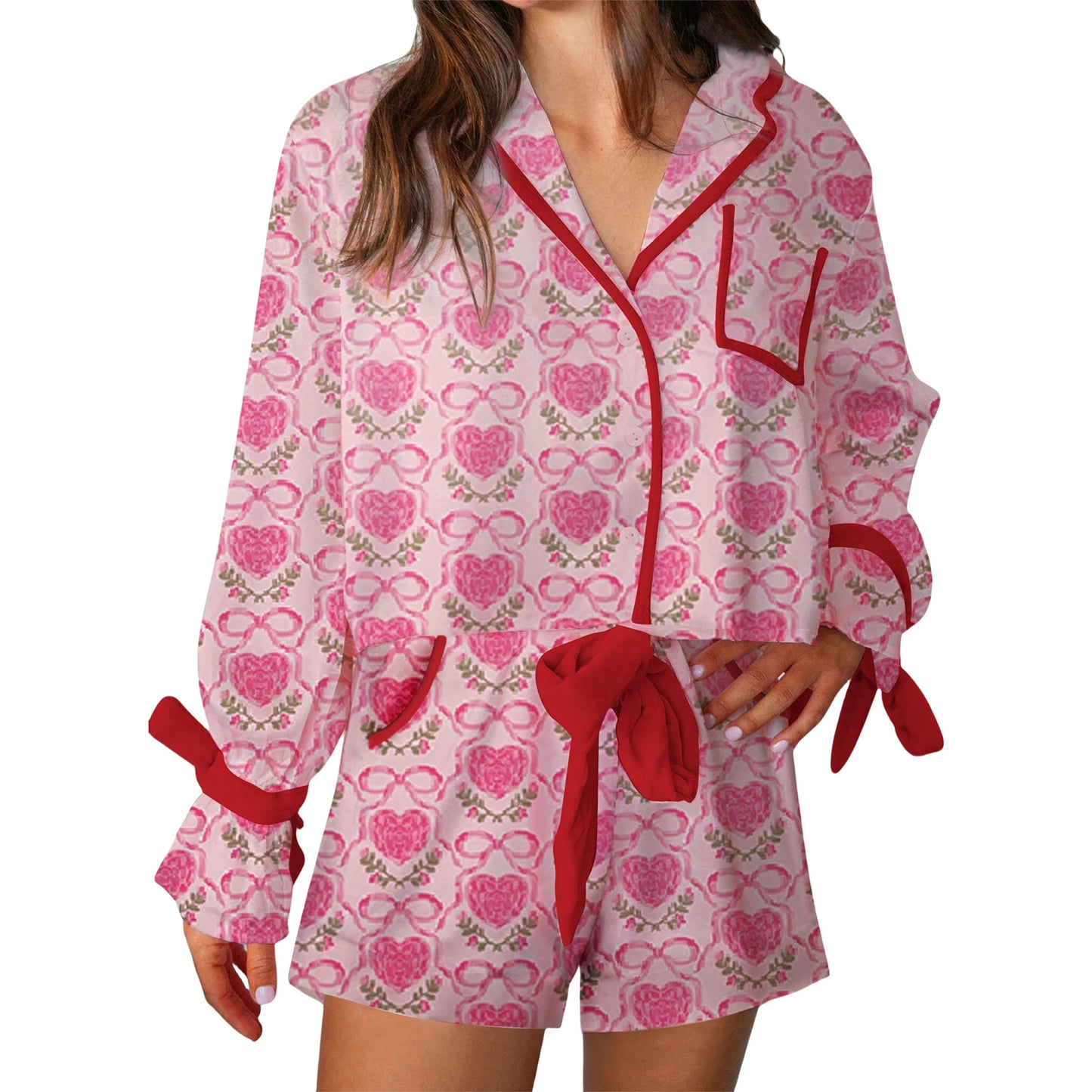 Valentine s Day  Pajama Set with Heart Print Long Sleeve Shirt and Drawstring Shorts  Sleepwear Comfort