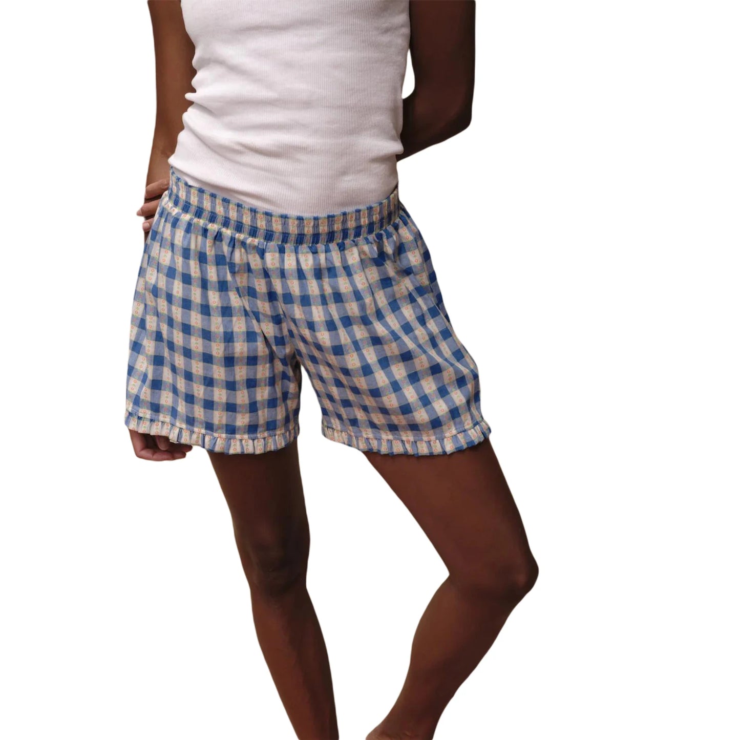 Women s Casual Striped Print Shorts with Drawstring Elastic Waist and Ruffled Hem for Summer Beach Vacation