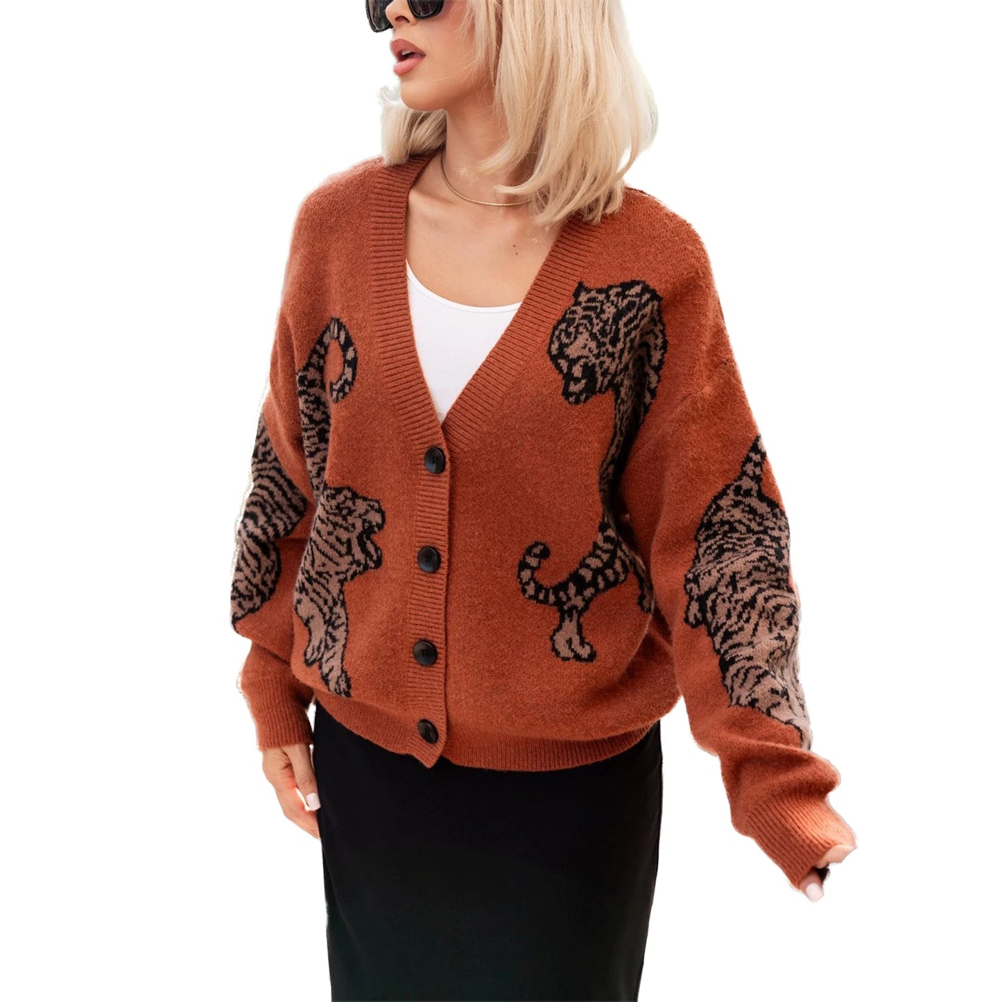 Women s Casual Lightweight Button Up Sweaters with Tiger Print Long Sleeves Warm Knitwear for Fall Streetwear Fashion