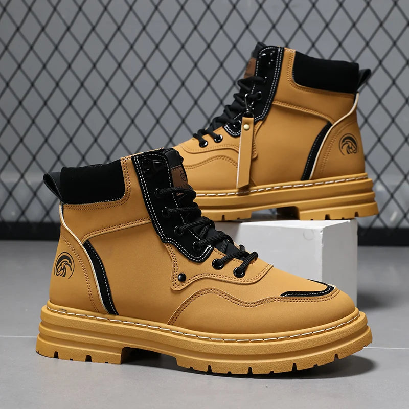 Men's thick soled shock-absorbing, wear-resistant, anti slip, retro casual yellow boots are comfortable, lightweight, cold resistant