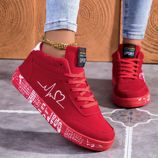 Women's Heart Design Sneakers Lace Up Soft Sole Platform Comfy Skate Shoes, Low-top Mid Top