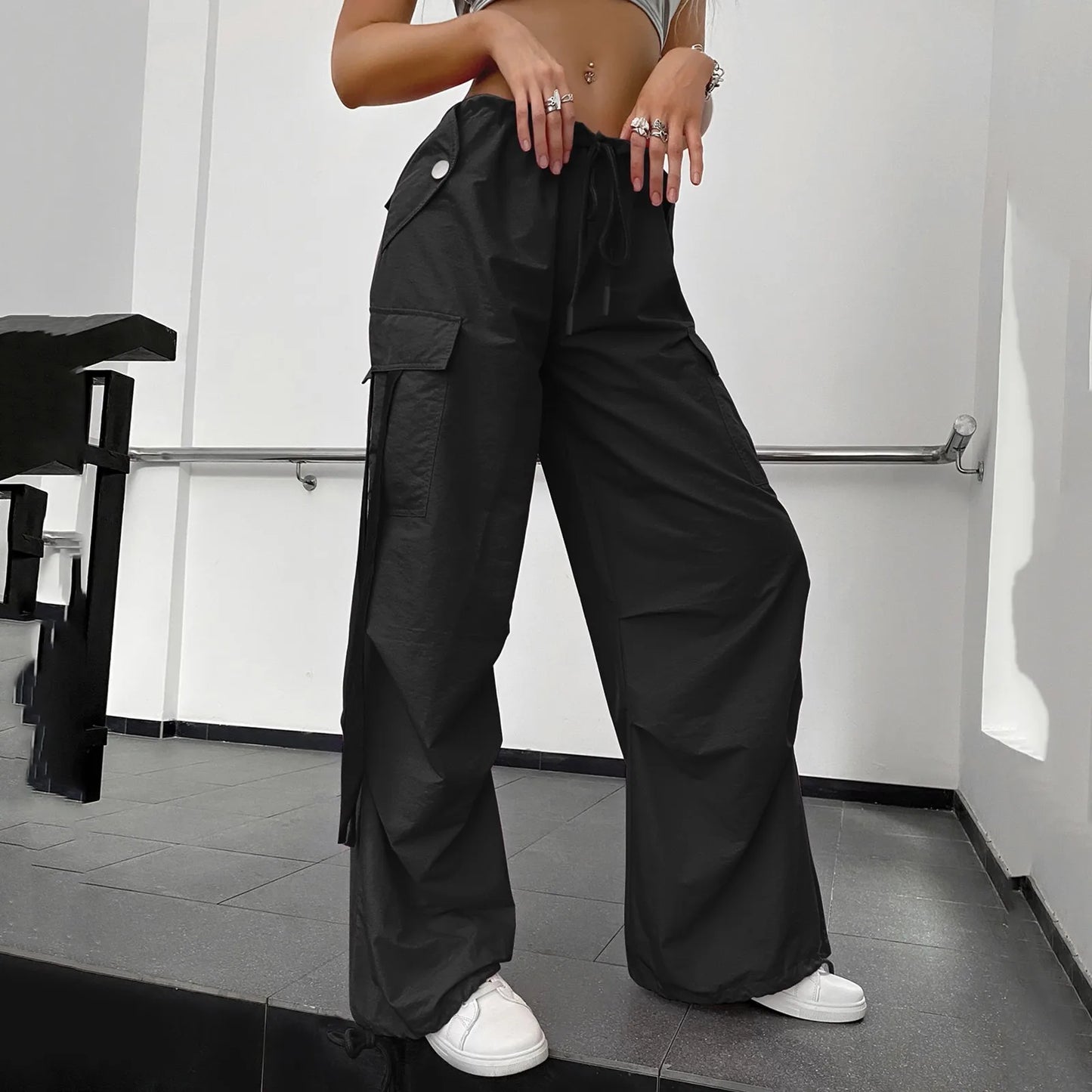 Women's Pants Streetwear Casual Hip Hop Elastic Waist Cargo Pants Drawstring Lace Up Trousers