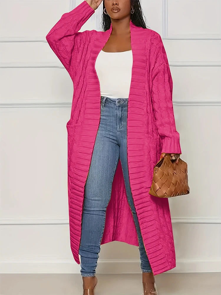 Autumn and Winter Fashion Women's Long Cardigan Sleeve Pocket Solid Colour Relaxed Sweater Acrylic Material