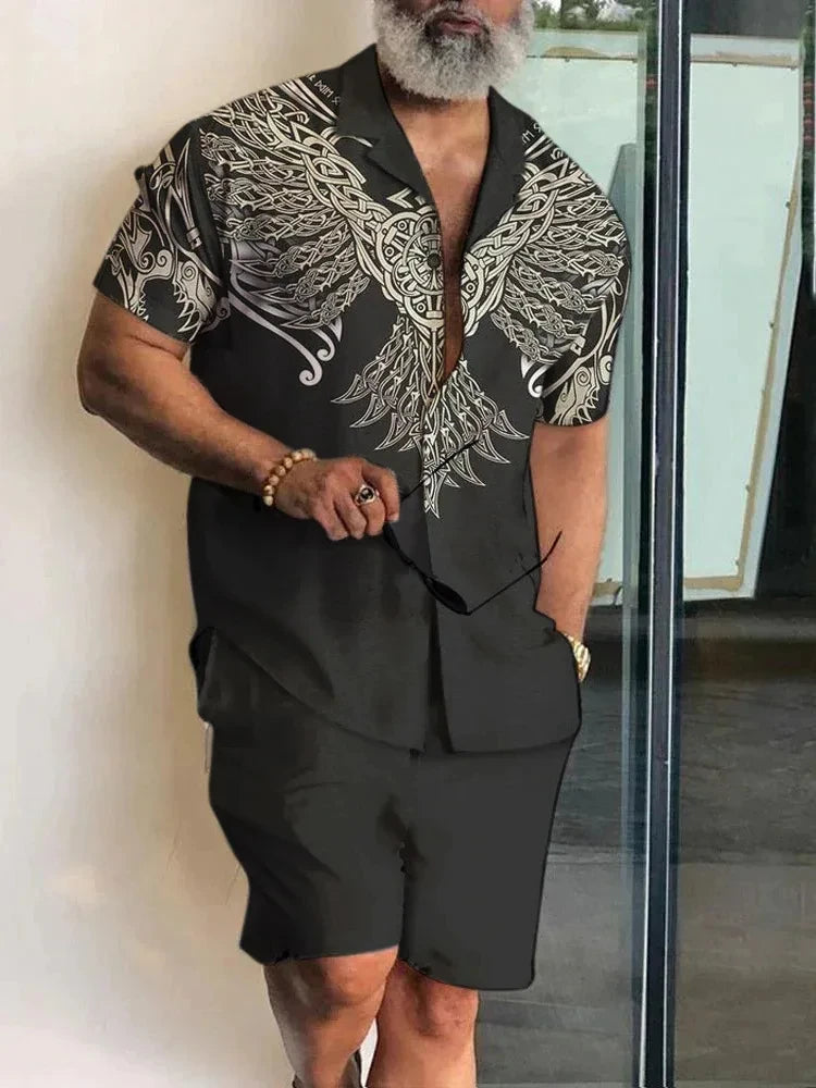 Summer Men's Temperament Shirt Set Men's Hawaii Vacation Short Sleeve Top Drawstring Shorts 2 Pcs Boutique