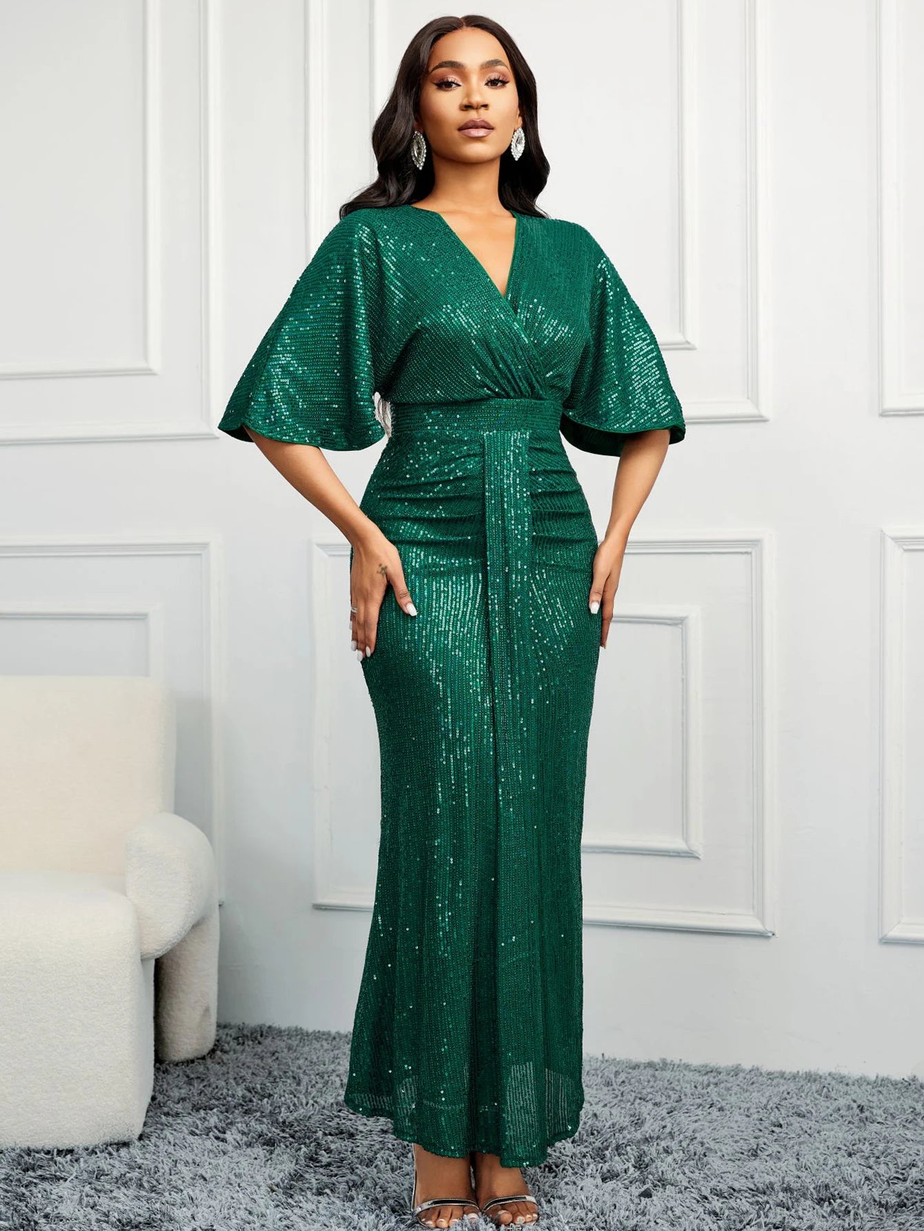 Sequin Dress V-Neck Ruffles Short Sleeves Vintage