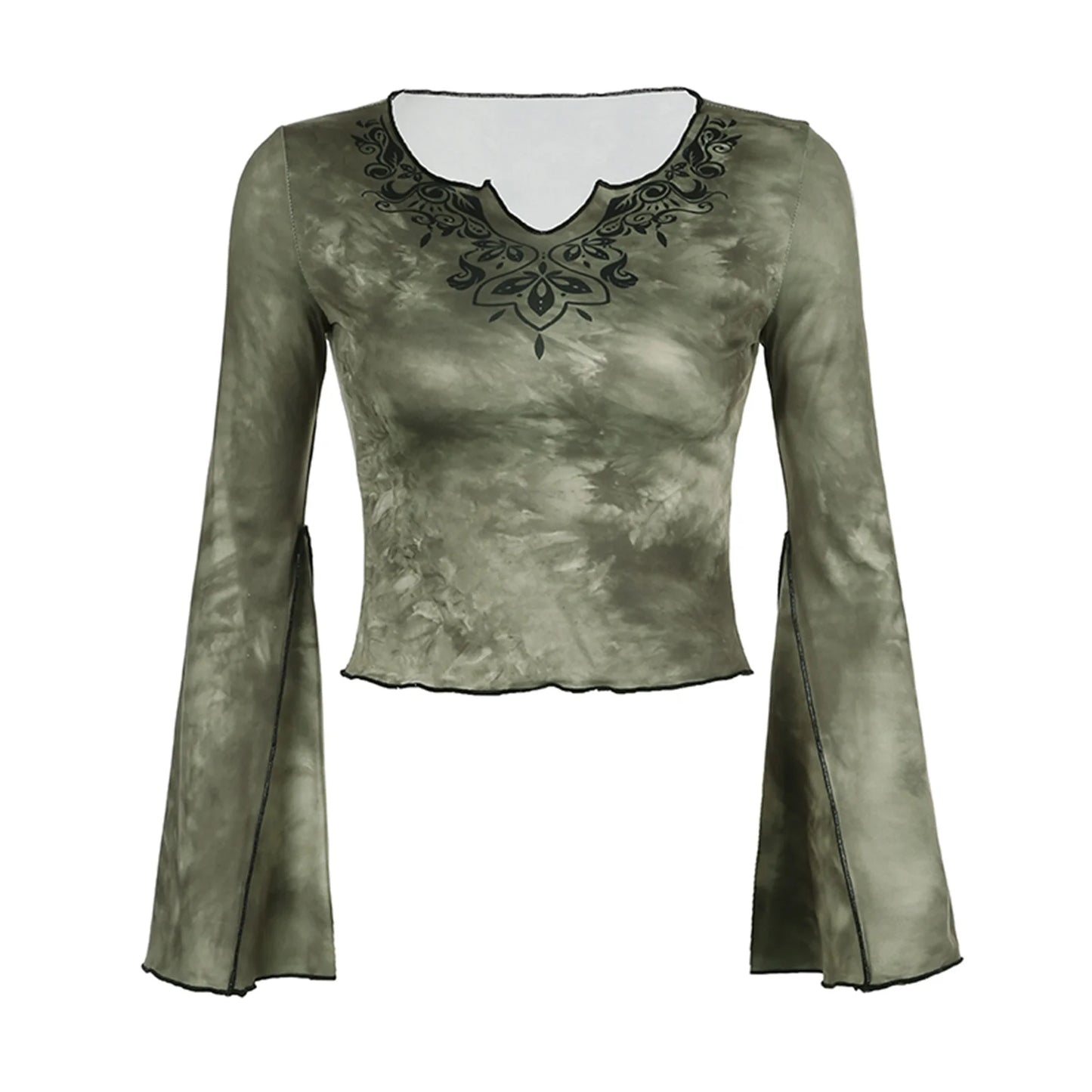 Women's Tie-dye Print Crop Tops Long Flare Sleeve Notched V Neck  T-Shirts Blouses