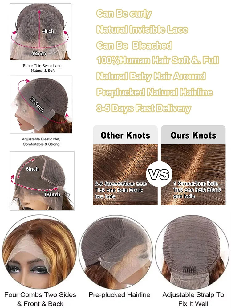 30 40 Inch 4/27 Highlight Ombre Blonde Body Wave 13x4 Lace Front Wig 13x6 HD Transparent Lace Frontal Human Hair Wig