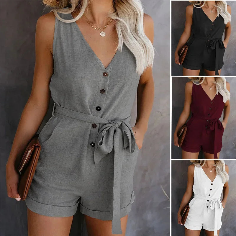 Women's Casual V-neck Monochromatic Jumpsuit, Five-Point Shorts, European and American, Summer