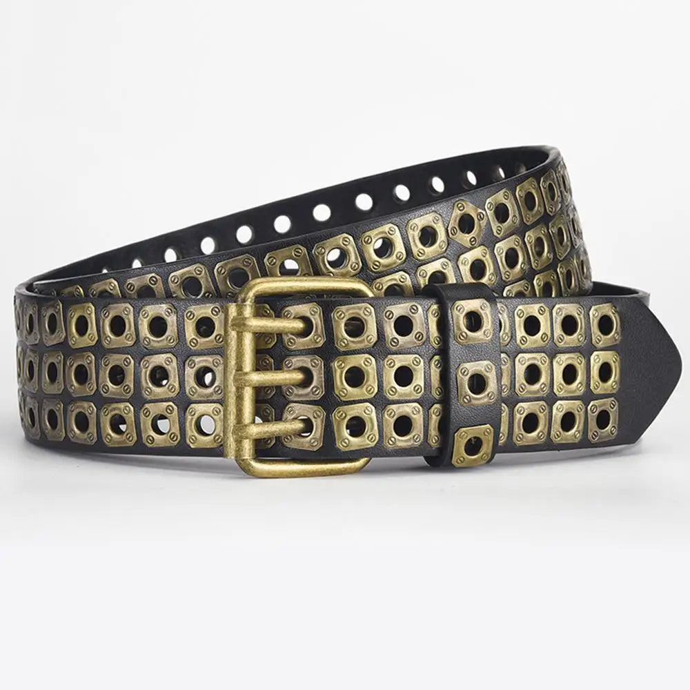 3.8cm Width PU Leather Belt With Metal Rivet Design 3 Pin Buckles Waistband Goth Belt