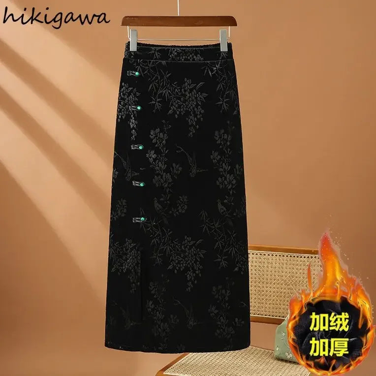 Chinese Style Vintage  High Waist  Floral Bodycon Split Skirts