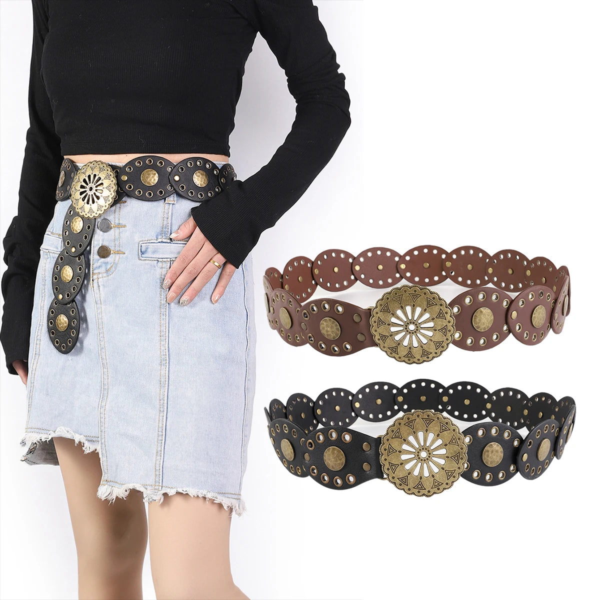 Retro design western cowboy belt personality round hollow metal wide belt for women