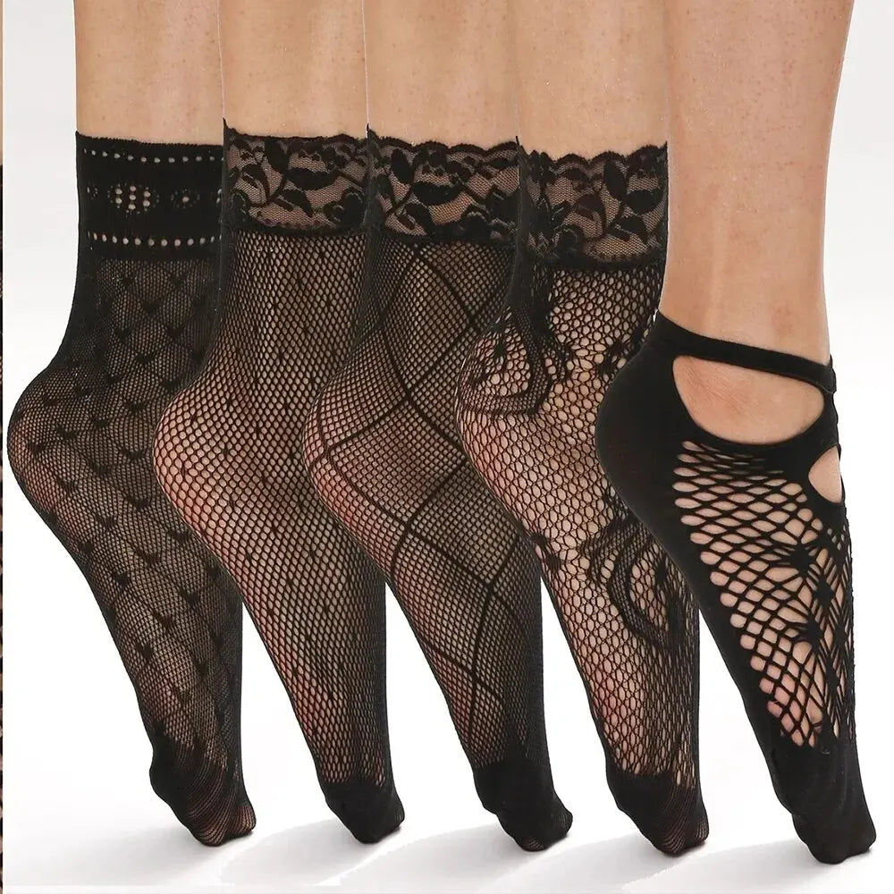 5/10/20 Pairs Vintage Lace Women's Socks Summer Mesh Elastic Transparent Ankle Socks  Women Versatile Fish Net Black Sock