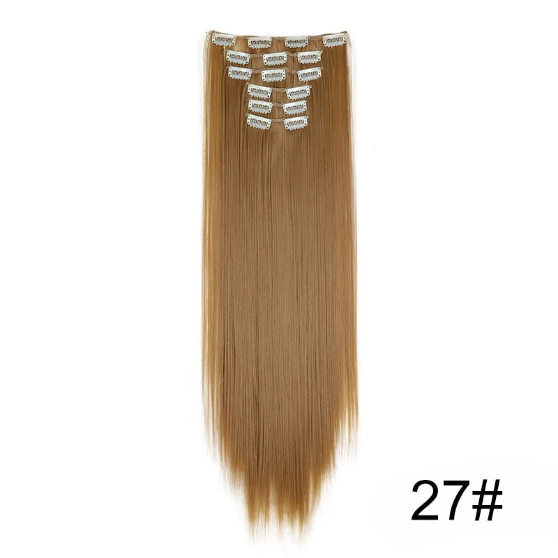 Synthetic 24Inch 16 Clips in Hair Extensions Long Straight Hairstyle Hairpieces Heat Resistant False Hair Daily Use