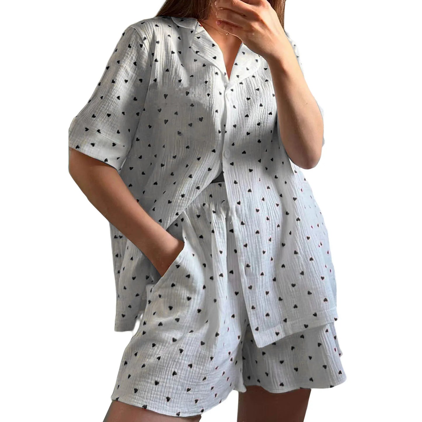 Women s Lightweight Pajama Set V-Neck Button Up Short Sleeve Shirt Elastic Waist Shorts with Cute Heart Pattern 2 Piece