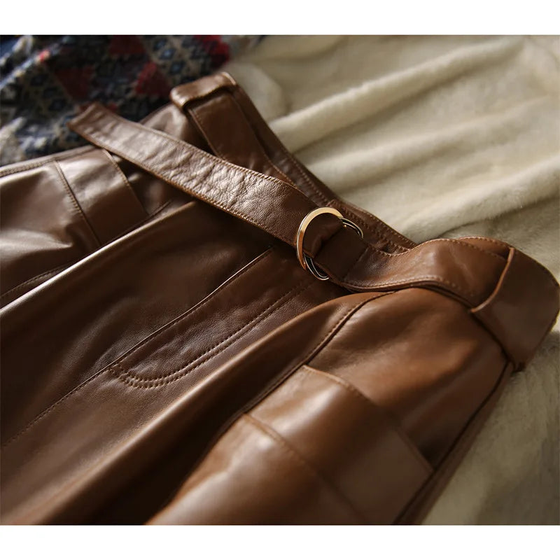 Vintage Brown High Waist A-Line  Leather Skirt with Belts