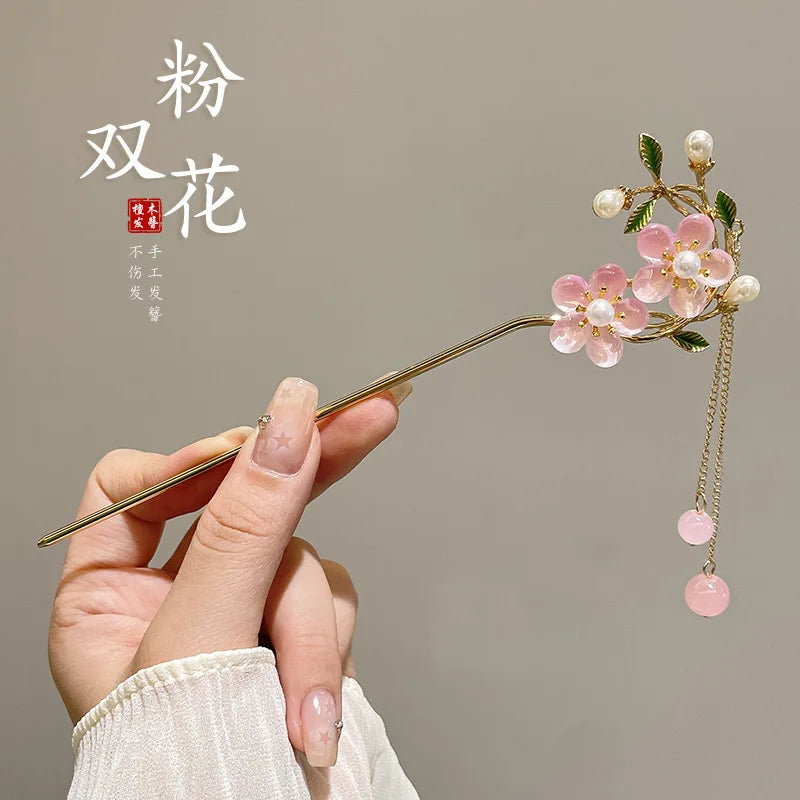 Classic Hair Stick Peach-blossom Hair Chopsticks Gold Plated Prong Updo Chignon Hairpin For Women Chinese Style