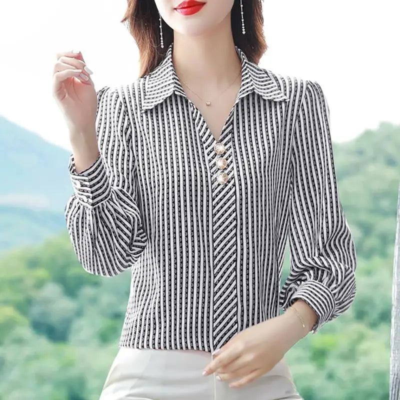 Striped Print  Office  Business Casual Shirt Spring Autumn Long Sleeve