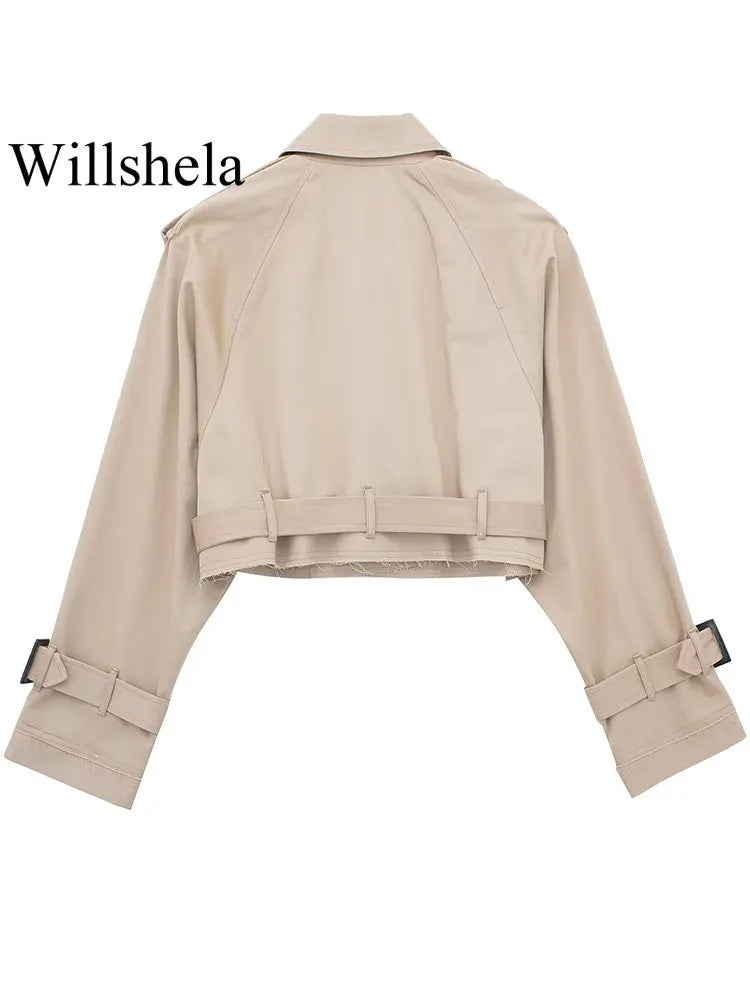 Women Fashion With Belt Cropped Trench Jacket Vintage Notched Neck Long Sleeve Female Chic Lady
