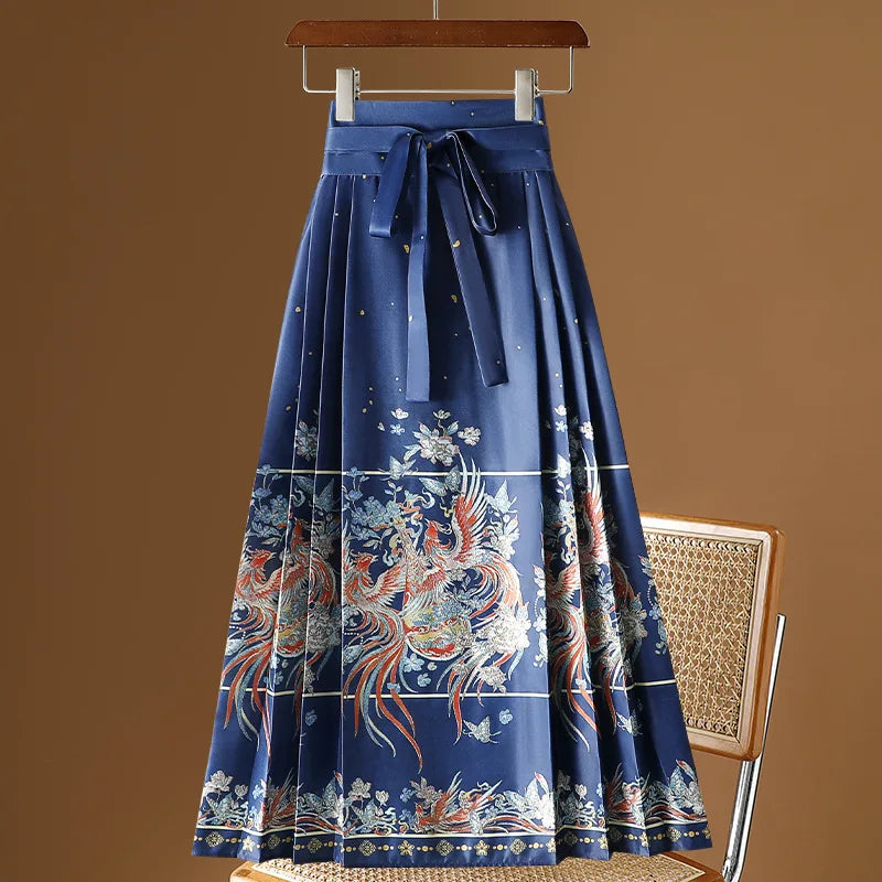Vintage Maxi Chinese Style Horse Face Skirts  Pleated