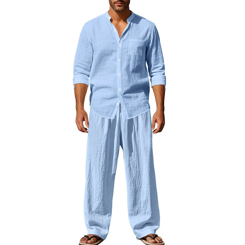 Spring and Summer Men's Suit Linen Casual Loose Breathable Long Sleeves Shirt Trousers 2 pc Set of Beach Vacation Essential