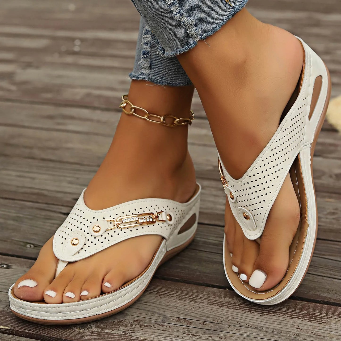 Flip Flops Women's Hollow Out Wedge Summer Wedge Sandals Clip Toe Orthopedic Sandals Female Pu Leather Non-Slip Slippers