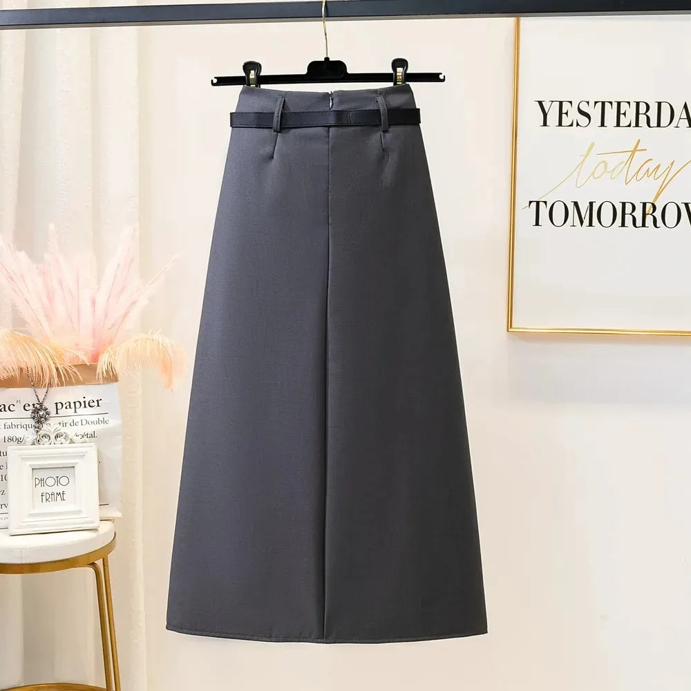 Suit Pleated Long Skirt With Belt  A Line Skirt Streetwear