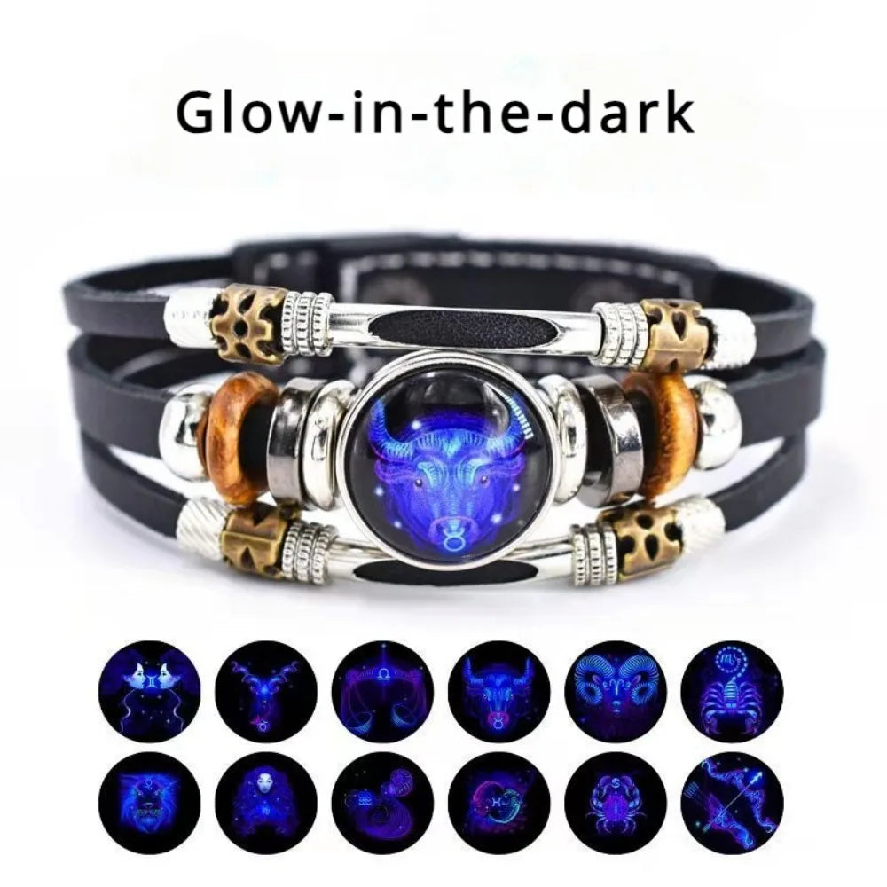 Twelve Constellations Luminous Leather Bracelet Retro Multi-layer Beaded Leather Bracelet Jewelry