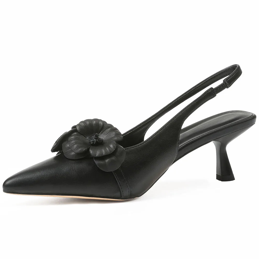 Flower Kitten High Heel Sandals  Pointed Toe Elastic Band Pull-on Slingback Pumps