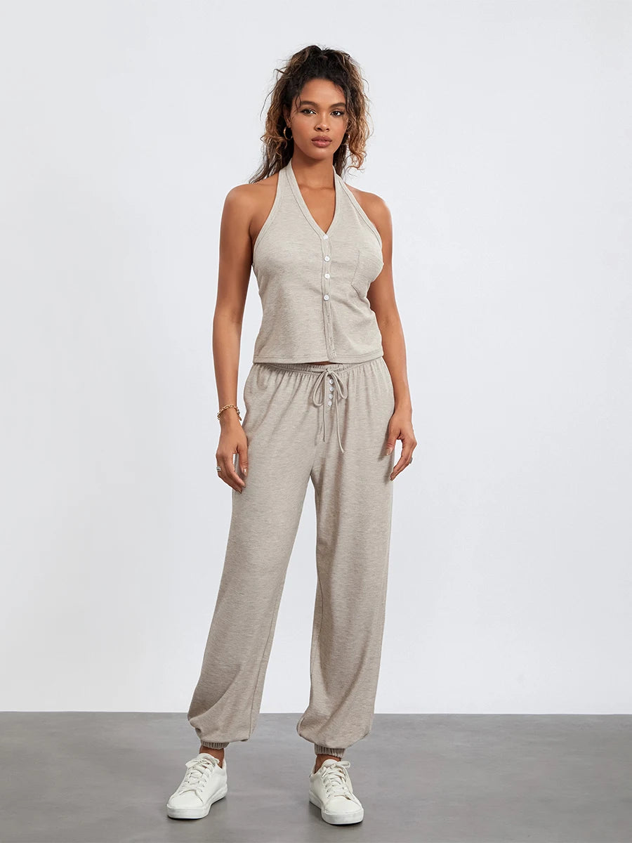 Women s 2 Piece Lounge Set Sleeveless Halter Neck Button Tops Casual Drawstring Pants Sleepwear Sets