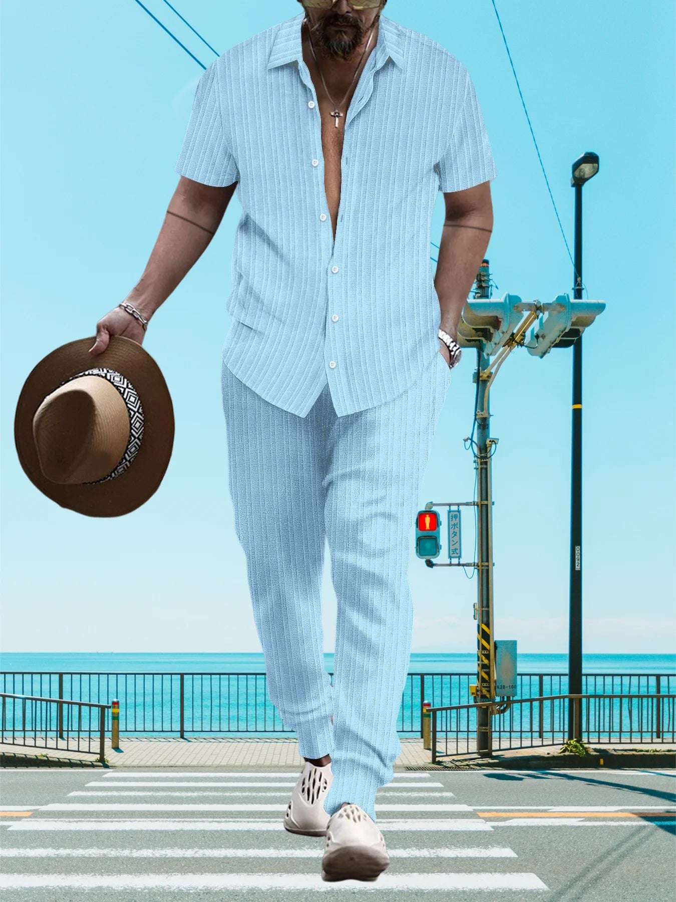 Ultra-thin Ultra-light Summer Men's Shirt Casual Loose Short Sleeve + Trousers Beach Suit Surf Casual Solid Color Lapel Suit