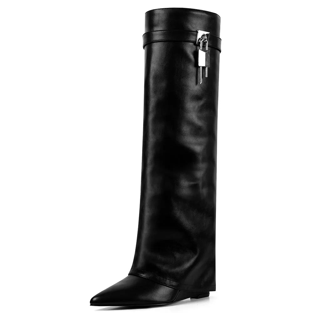 Fold Over Knee High Boots Pointed Toe High Wedges Heel Pull-on Metal Cool Fashion Shoes