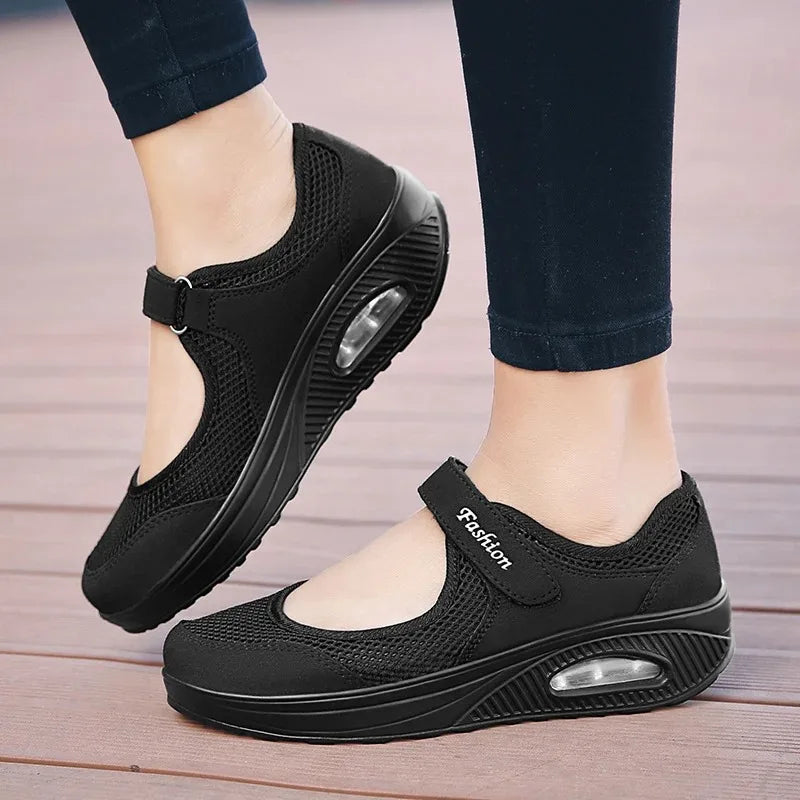 Lightweight Mary Janes Air Cushion Running Sport Shoes Breathable Quick Dry Velcro Soft Flat Shoes