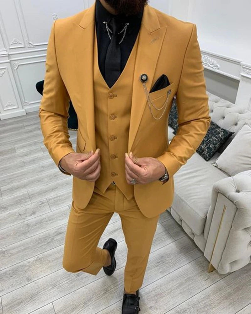 Solid Men Suits 3 Piece Formal Male Suits Fashion Clothing Set Jacket with Pants and Vest