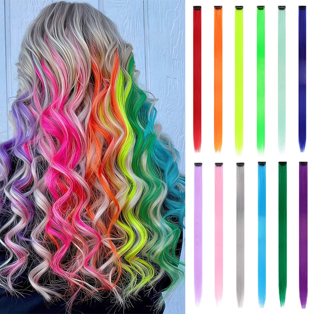 22 inches12pcs/pack Colored Party Synthetic Clip in Hair Extensions  Multi-colors Straight Hair Synthetic Hairpieces