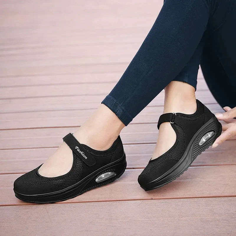 Lightweight Mary Janes Air Cushion Running Sport Shoes Breathable Quick Dry Velcro Soft Flat Shoes