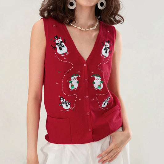 Women Christmas Knit Vest Top Embroidery Sleeveless Button Down Sweater Vest  Cardigans