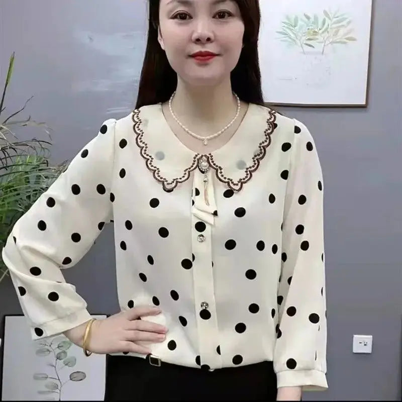 Peter Pan Collar Beading Embroidery Polka Dot Blouse