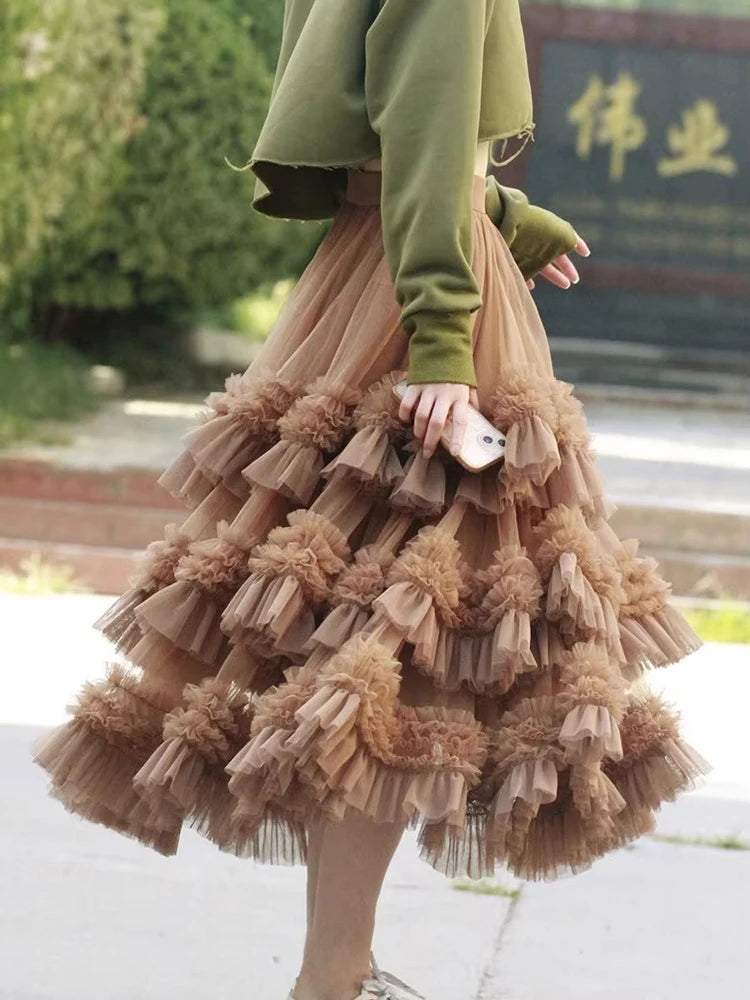 Large Swing Gauze Skirt High Waist Color Block Mesh Ruffles Layers