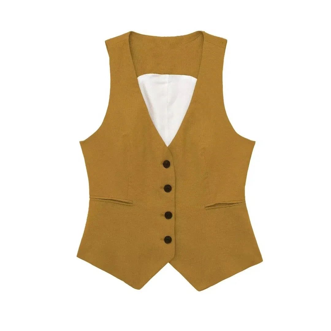 Fashion Women's Vest Linen Sleeveless Suit Vest for Women  Female Black White Suit Vest Top