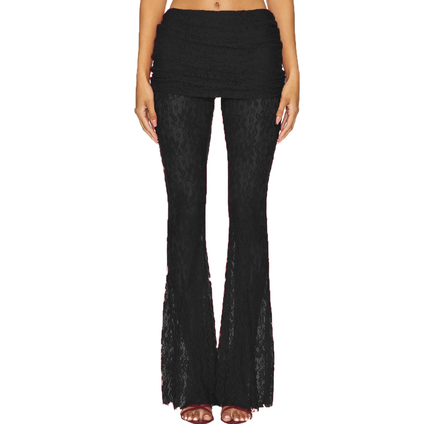 Elegant Lace Overlay Flared Pants with Elastic Waistband and Skirt Detail Stylish Bell Bottom Trousers for Women