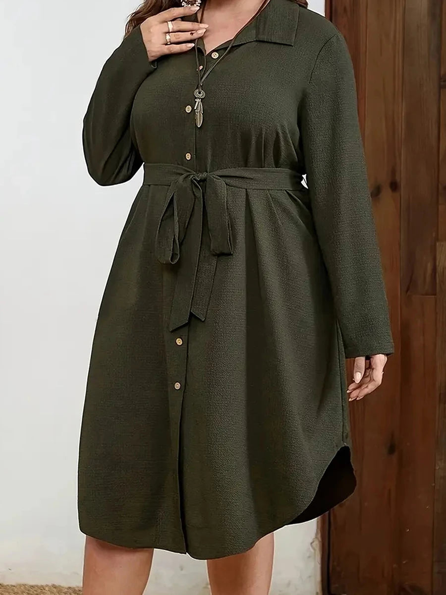 Women Plus Size Dress  V-Neck Long sleeve Midi Dress Summer Boho Beach Party Dress with Pockets and Tie Belt
