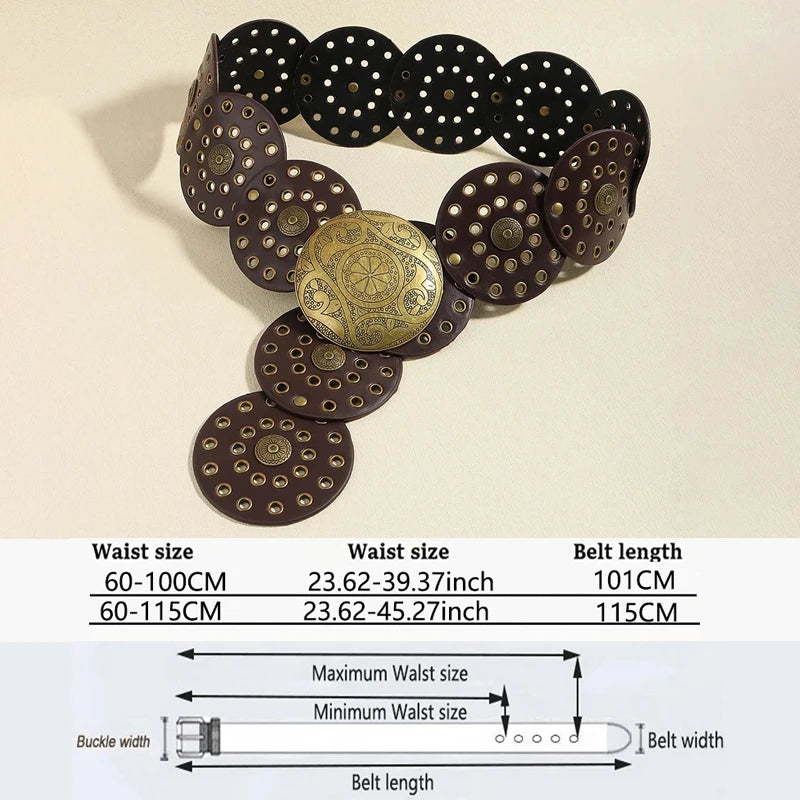 Women's Western Denim Belt High Quality Metal Hollow Ladies Trend Wide Waistband Vintage Personalized Round Belts