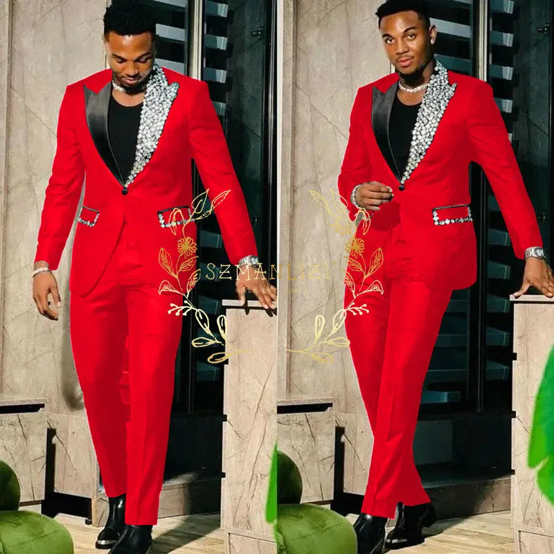 Suits for Men Slim Fit Single Breasted Peak Lapel Blazer High Quality Crystal Prom Party 2 Piece Jacket Pants Sets Terno