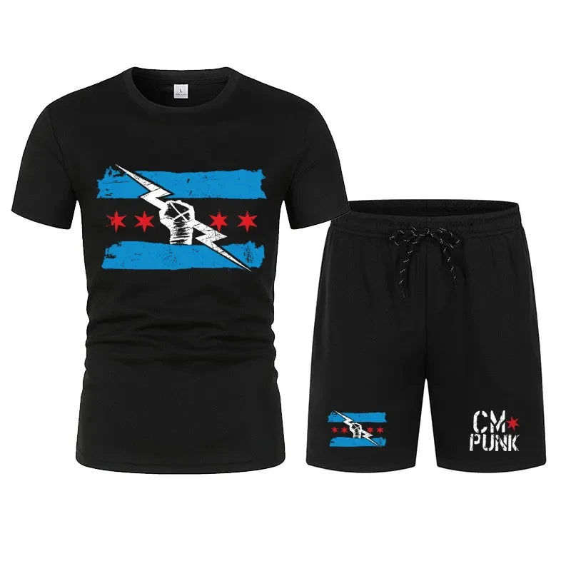 Men's black CM return punk T-shirt shorts suit summer short-sleeved men fashion comfortable loose clothing suit